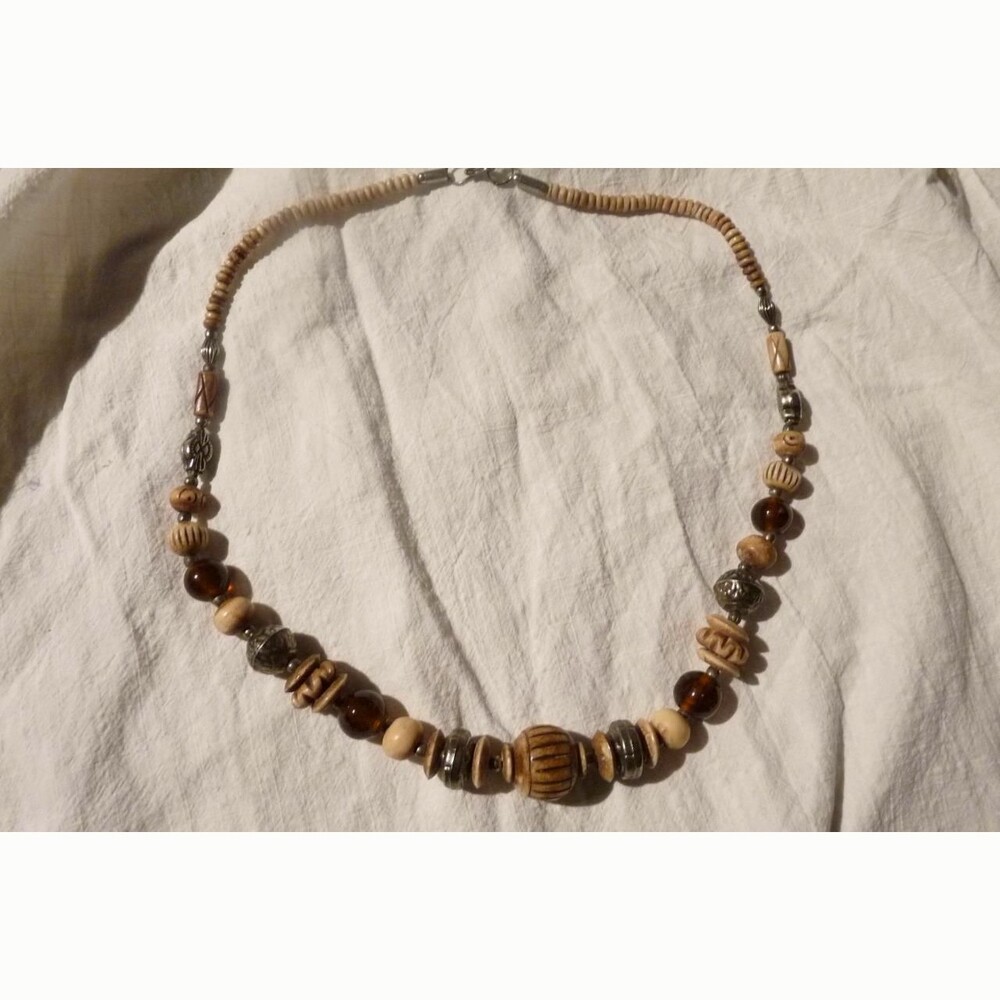 Vintage ethnic tribal carved bone amber glass & metal beads statement necklace